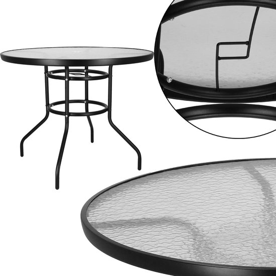 Table de jardin Springos | table d'extérieur | Table d'appoint d'extérieur | Métal | Verre trempé | Rond | 90 x 72 cm | Noir