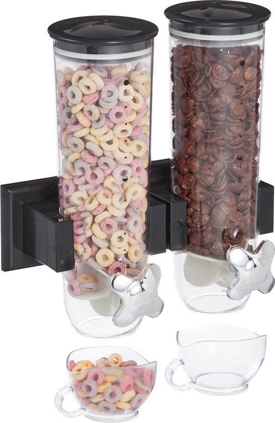 Relaxdays dubbele cornflakes dispenser muur - muesli dispenser - cereal dispenser 1,5 l - zwart