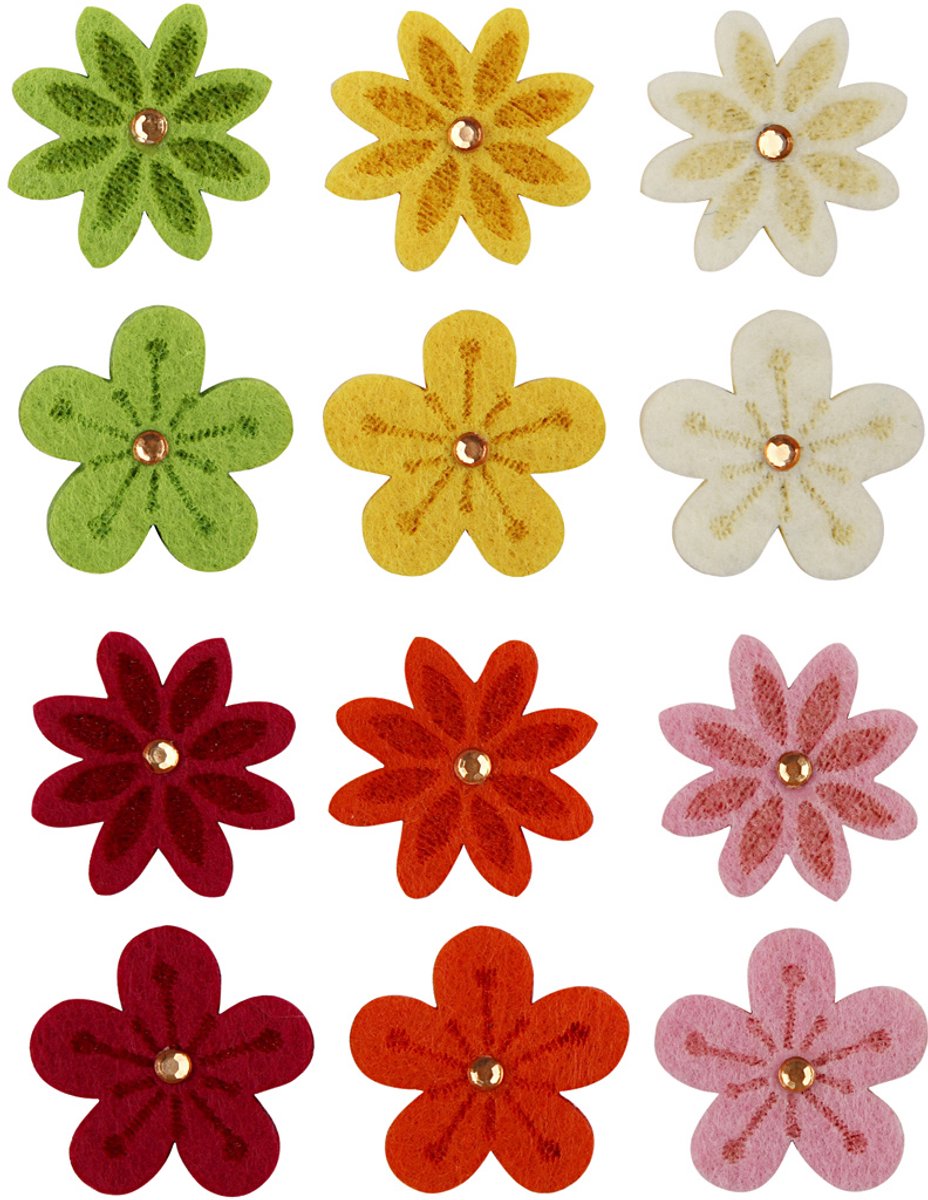 Bloemen van vilt met strassteen, d: 30 mm, dikte 2,5 mm, 120 stuks