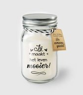Kaars - Jij maakt het leven mooier - Lichte vanille geur - In glazen pot - In cadeauverpakking met gekleurd lint