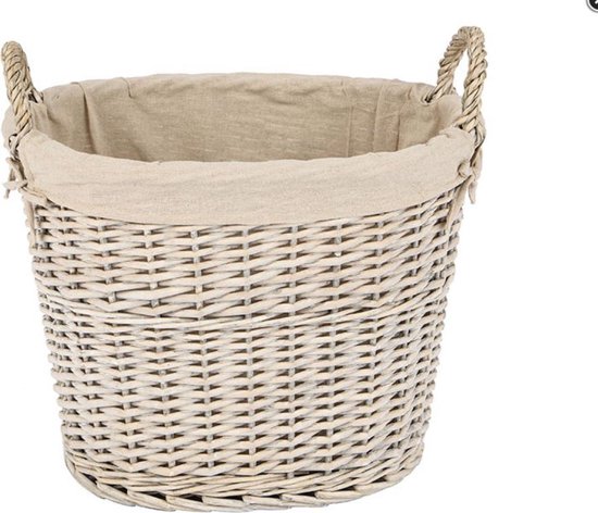 Grijze vlechtmand met beige stoffen voering en gevlochten handvatten.