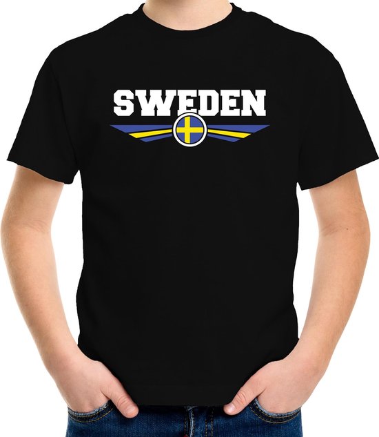 Zweden / Sweden landen t-shirt met Zweedse vlag zwart kids - landen shirt / kleding - EK / WK / Olympische spelen outfit 158/164