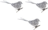 8x Kerstboomversiering glitter zilver vogeltje op clip 10 cm - Kerstboom decoratie vogeltjes