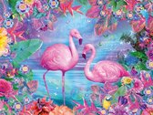 Dielay - Diamond Painting Pakket - Flamingo's en Bloemen - 40x30 cm - Complete Set - Volledige Bedekking - Ronde Steentjes