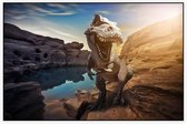 Dinosaurus T-Rex bij een meer - Foto op Akoestisch paneel - 90 x 60 cm