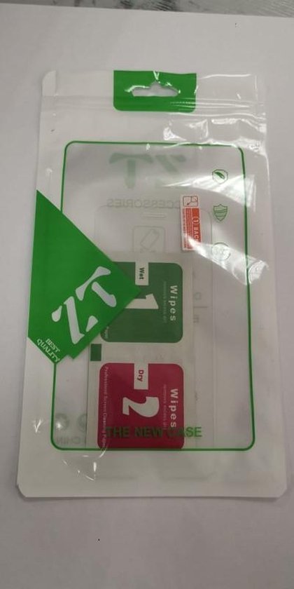 Verpakking van ZT Accessoires met een screenprotector en twee schoonmaakdoekjes ('Wet' en 'Dry').