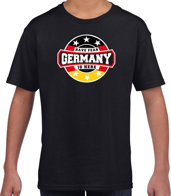 Have fear Germany is here t-shirt met sterren embleem in de kleuren van de Duitse vlag - zwart - kids - Duitsland supporter / Duits elftal fan shirt / EK / WK / kleding 110/116