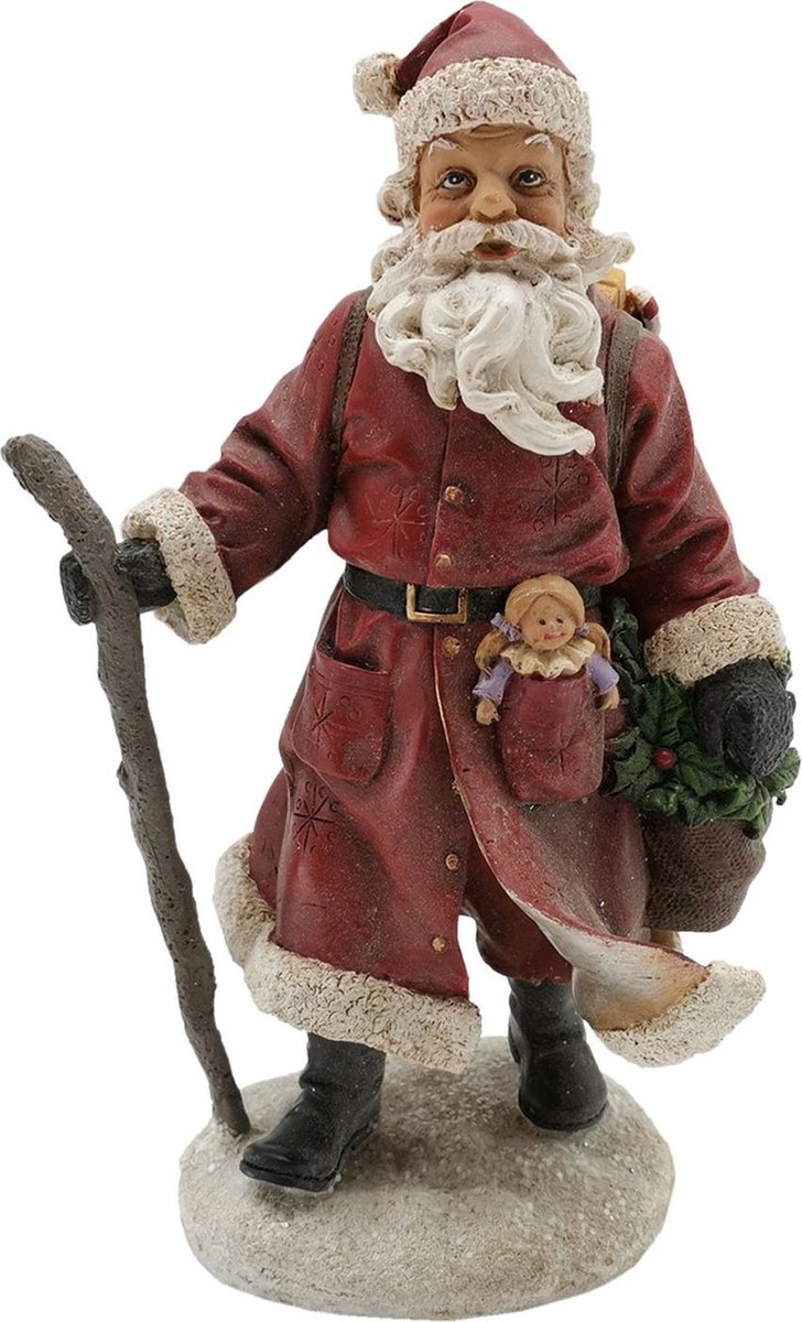 Clayre & Eef Beeld  Kerstman 13*9*21 cm Rood Kunststof Kerstdecoratie beeld decoratie  Decoratieve Accessoires