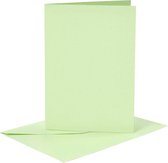 Kaarten en enveloppen. afmeting kaart 10.5x15 cm. afmeting envelop 11.5x16.5 cm. 120+210 gr. lichtgroen. 6 set/ 1 doos