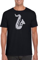 Zilveren saxofoon / muziek t-shirt / kleding - zwart - voor heren - muziek shirts / muziek liefhebber / saxofonisten / jazz / outfit S