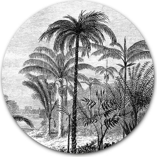 Cercle mural Palm Jungle | Plastique 80 cm | Peintures rondes | Cercle vivant de décoration murale botanique et vintage | Cercle mural Palmiers sur Forex