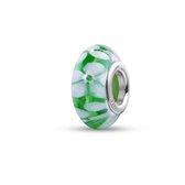 Quiges - Glazen - Kraal - Bedels - Beads Groen met Witte Bloemen Past op alle bekende merken armband NG547