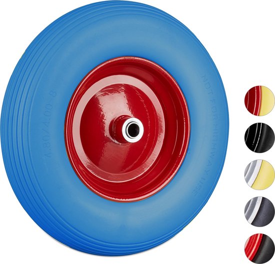 PU Kruiwagenwiel - Massief Rubber 4.80/4.00-8 390mm - Inclusief As Vervangwiel Voor Kruiwagen Geel Rood