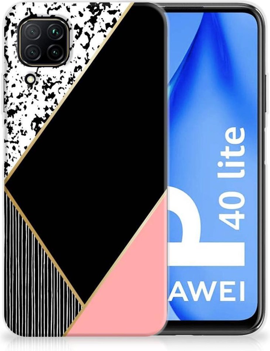 Huawei P40 Lite TPU Hoesje Zwart Roze Vormen