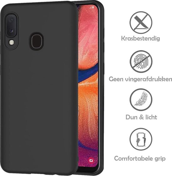 Coque noire pour Samsung A20e, avec textes 'Résistant aux rayures', 'Pas d'empreintes digitales', 'Fin et léger', 'Prise confortable'.