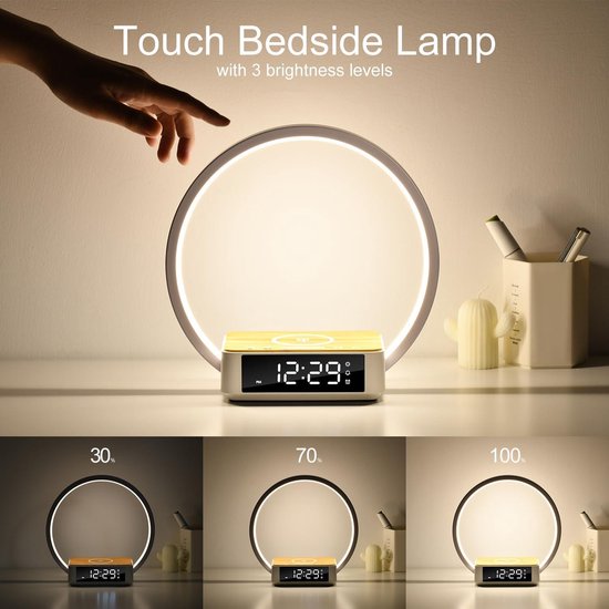 Dimbare touch-bedlamp, 10W tafellamp met draadloze oplader, wake-up light, bureaulamp met klokweergave, 3 helderheidsniveaus voor slaapkamer en kantoor van Ecomoist — afbeelding 5