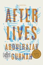Boekomslag van 'After Lives' in oranje en blauw met gestileerde figuren en planten. Vermeldt 'Winner of the Nobel Prize in Literature'.
