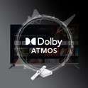 Televisie met Dolby Atmos logo en de mediaspeler met afstandsbediening.