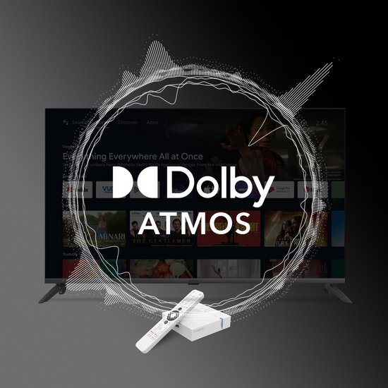 Televisie met Dolby Atmos logo en de mediaspeler met afstandsbediening.
