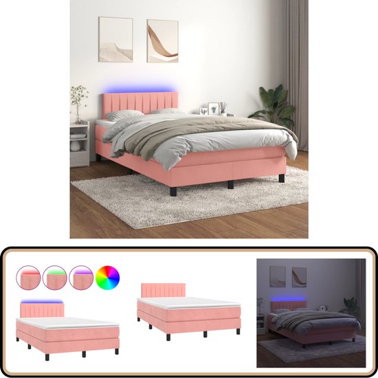 vidaXL Boxspring - Velvet Pink - 120x200 cm - Lit Boxspring LED inclus - Lit en velours - Lit rose - Lit LED - Lit double - Confort de sommeil - King size