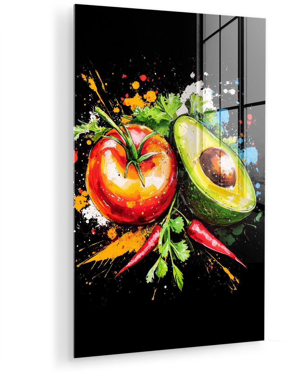 MuchoWow® Glasschilderij 80x120 cm - Schilderij acrylglas - Tomaat - Avocado - Peper - Gra