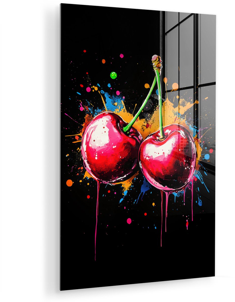 MuchoWow® Glasschilderij 100x150 cm - Schilderij acrylglas - Kersen - Fruit - Graffiti - Verf - Abstract - Modern - Kleurrijk - Foto op glas - Muurdecoratie woonkamer - Wanddecoratie slaapkamer - Schilderijen