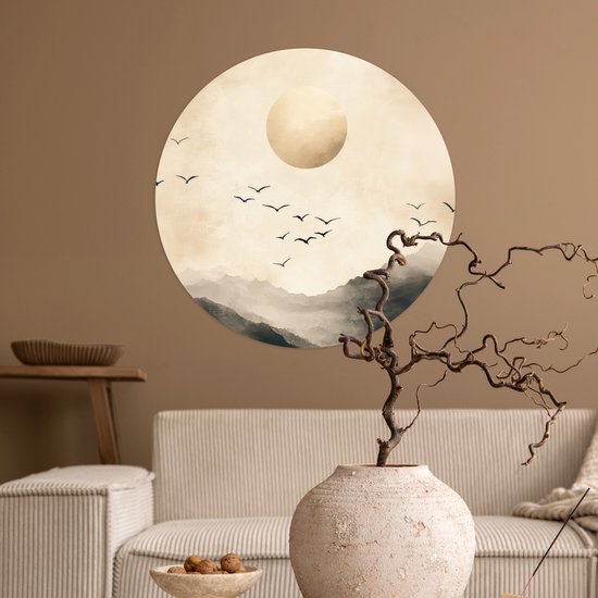 WallCircle® - Cercle de papier peint 50x50 cm - Stickers muraux Paysage - Japandi - oiseau - Cercle mural salon - Cercle mural chambre - Décoration de chambre autocollante - Accessoires de Décoration murale