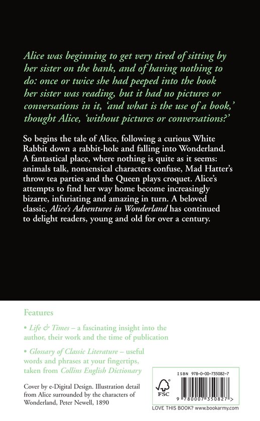Achterkant van Alice's Adventures in Wonderland. Bevat tekst over het verhaal, functies en ISBN.