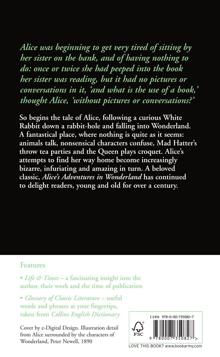 Achterkant van Alice's Adventures in Wonderland. Bevat tekst over het verhaal, functies en ISBN.