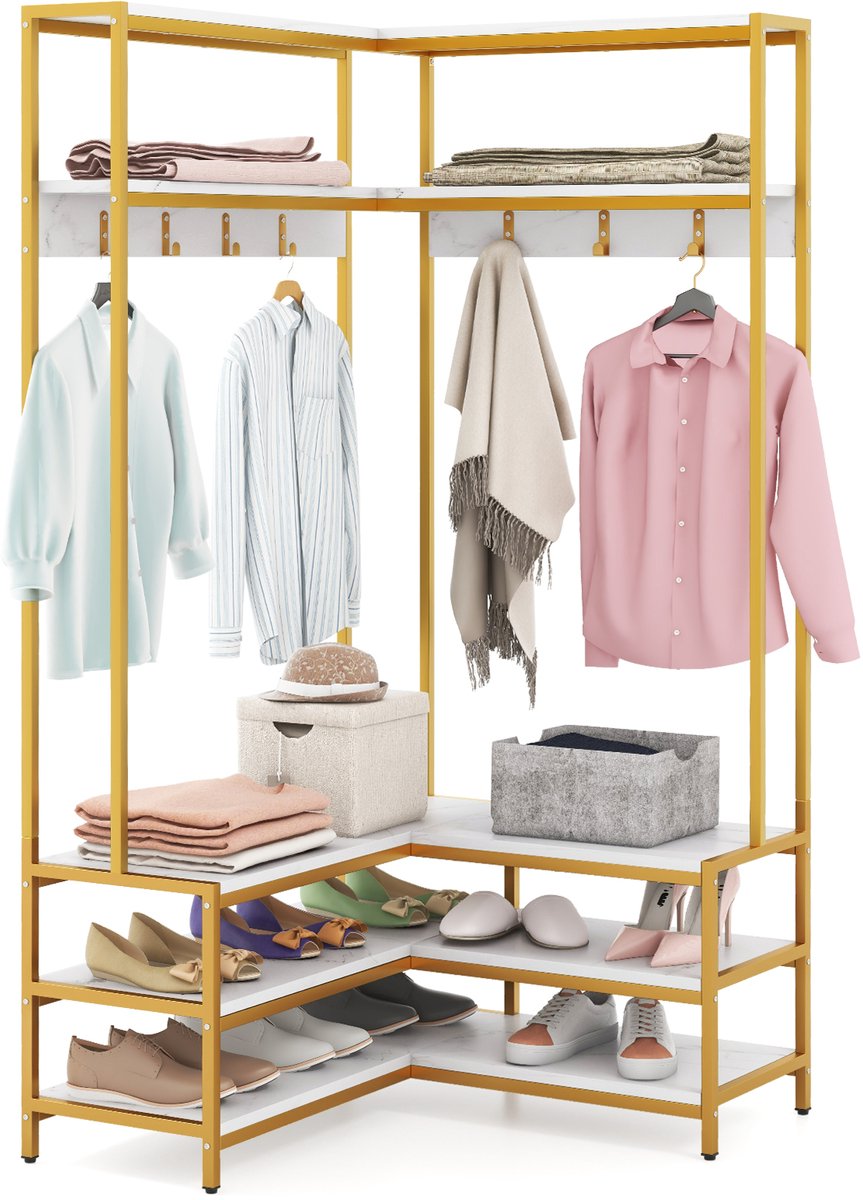 COSTWAY Hoekkapstok met zitbank, L-vormige kledingstandaard met open planken en 7 haken, garderobe, halgarderobe voor hal en slaapkamer, 90 x 90 x 178 cm