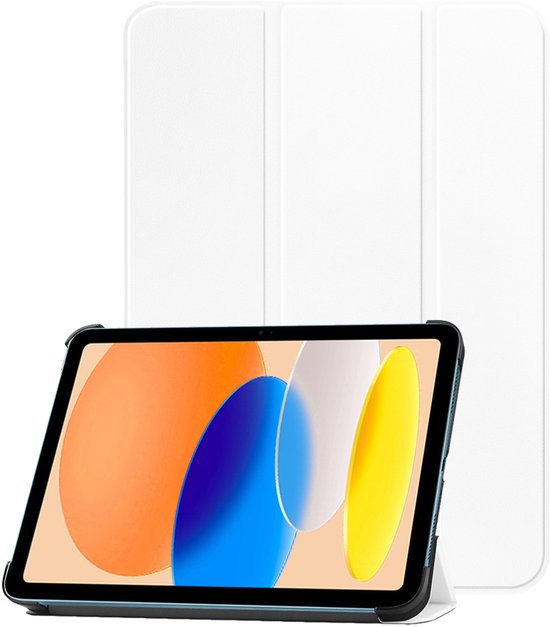 Étui pour tablette blanc en position dépliée, avec une tablette affichant des formes abstraites.