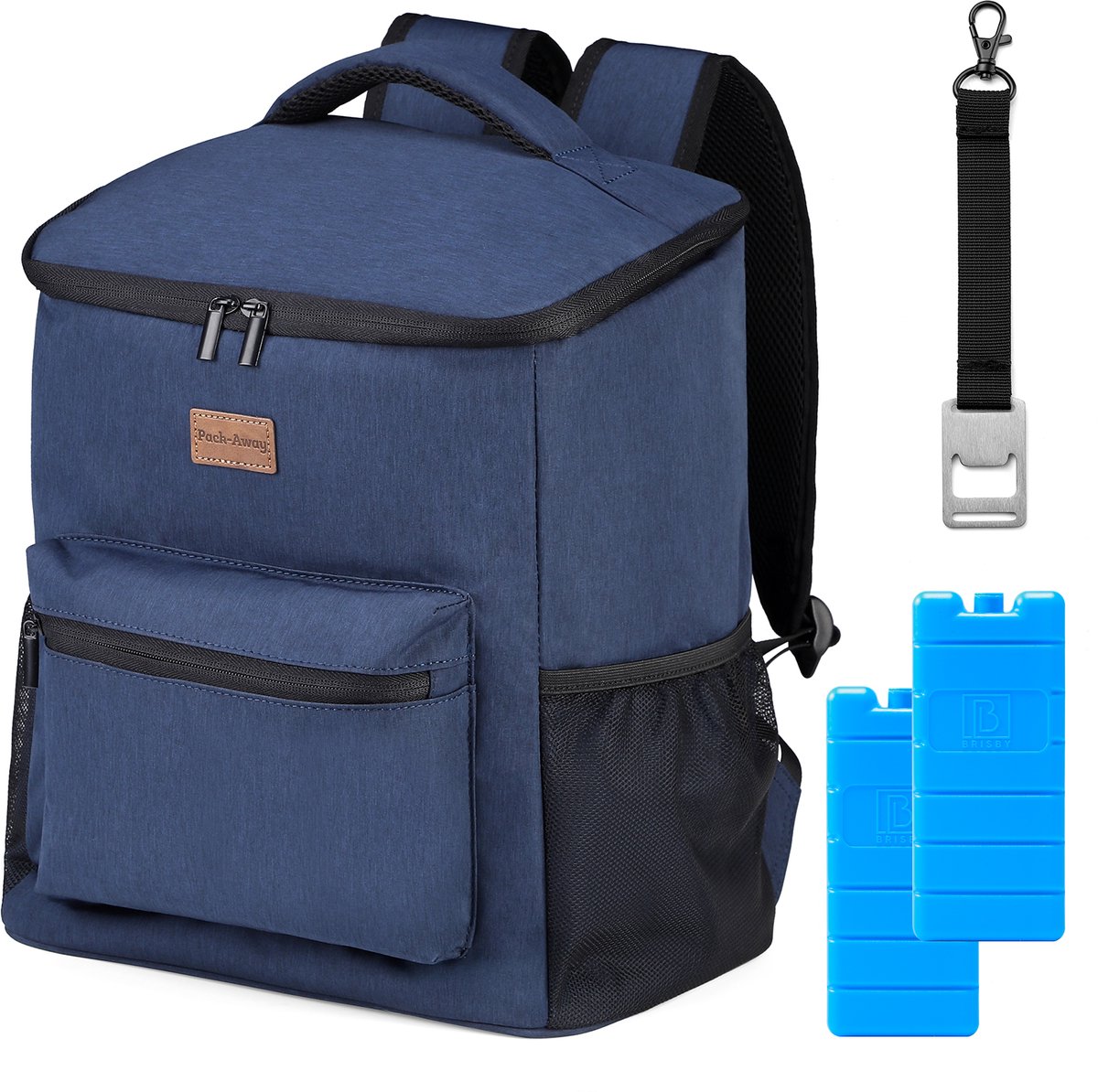 Packaway Koeltas Rugzak 25L - Incl. 2 gratis koelelementen - Incl. gratis flessenopener - Waterafstotend - Anti diefstal vak - 4 Laags geïsoleerd - Blauw