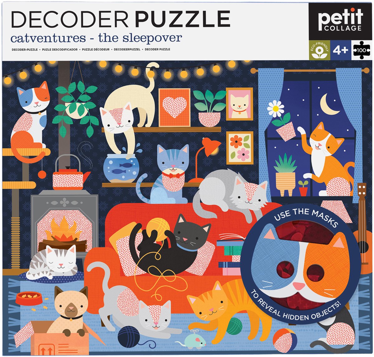 Petit Collage puzzel katten - Decoder Puzzel Catventures 100 stukjes.