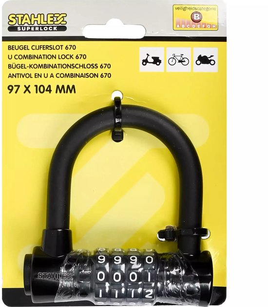Stahlex superlock fiets beugelslot/cijferslot - zwart - staal - 9,7 x 10,4 cm - Fietsslot/scooter/motorslot van Stahlex — afbeelding 4