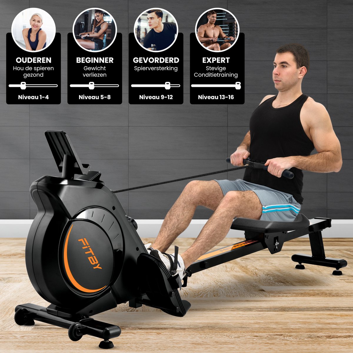 Afbeelding 3 van Fitby Roeitrainer - Roeimachine inklapbaar – Roeitrainer met verstelbare weerstand - Fitness roeitrainer - 16 Weerstandniveaus - LCD monitor - Weergave in KM - Zwart