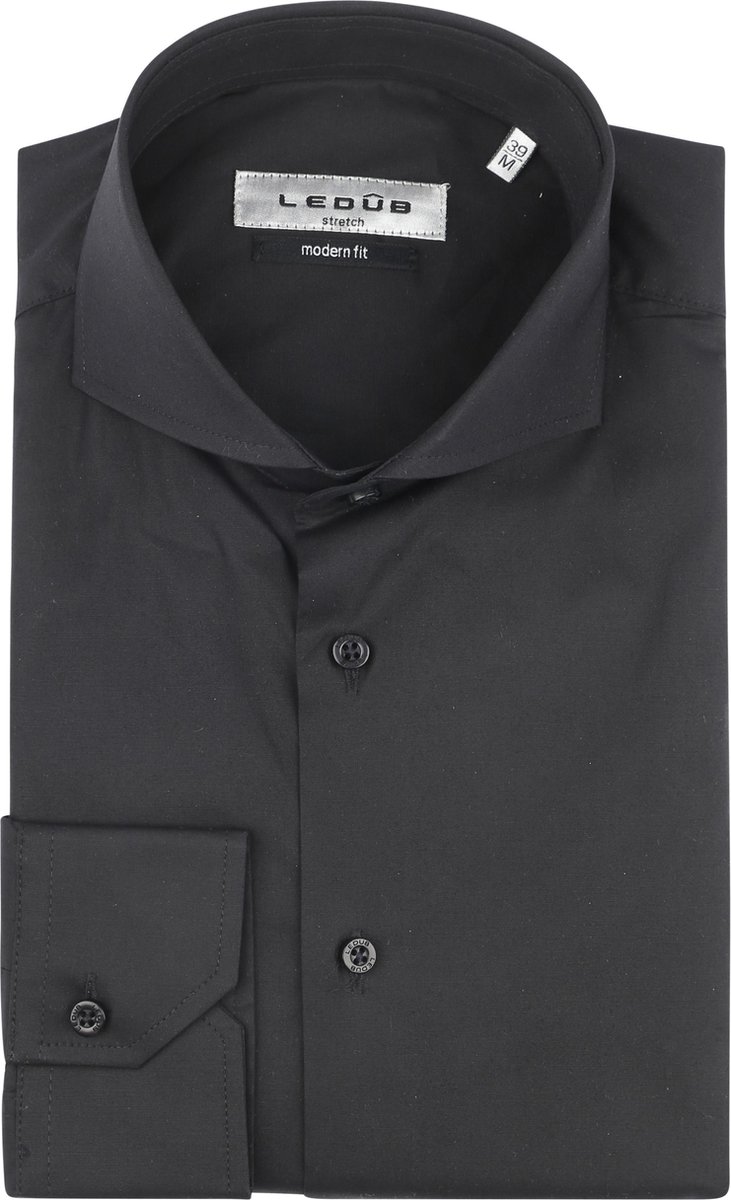 Ledub modern fit overhemd - zwart stretch - Strijkvriendelijk - Boordmaat: 39