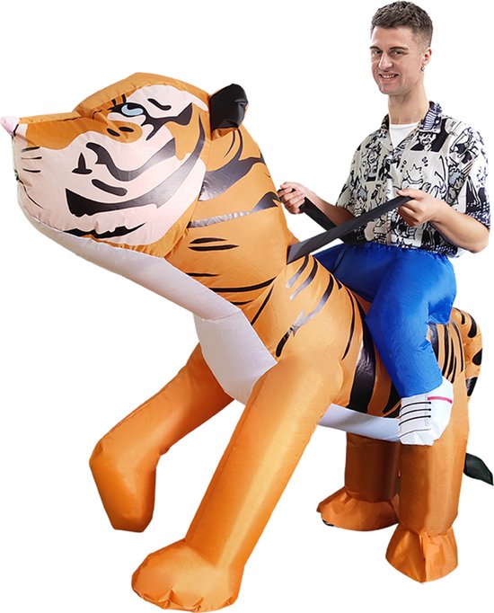 KIMU® Opblaas Kostuum Kinderen Zittend Op Siberische Tijger - Maat 122 128 134 140 146 152 - Opblaasbaar Pak - Tijgerpak Mascotte Opblaaspak - Opblaasbare Leeuw Safari Carnaval Carnavalspak