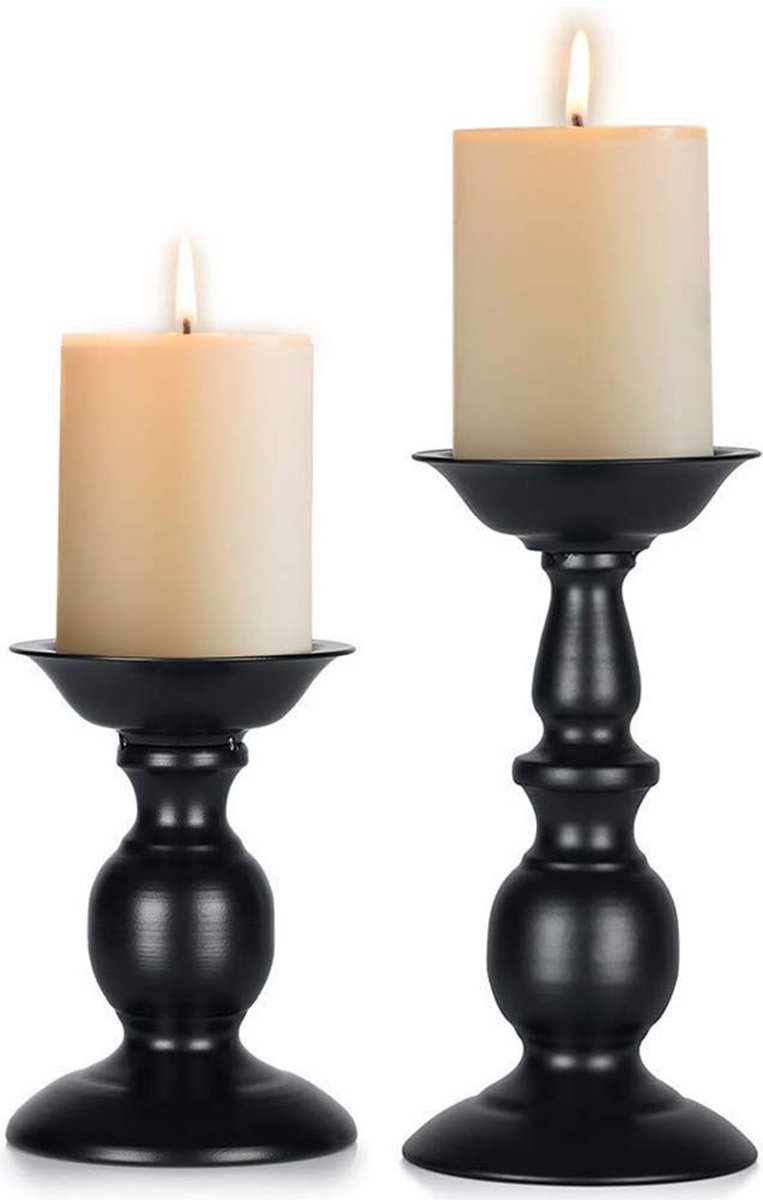 La'Moussawi ® Klassieke Smeedijzeren Kandelaarset voor Tafeldecoratie en Feestelijke Gelegenheden in Vintage Stijl, Zwart en Koperkleur, Twee Formaten