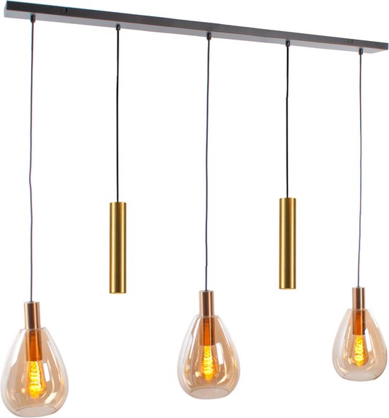 Plafonnier moderne avec 5 gouttes ambre sur une barre noire, avec des cylindres dorés.