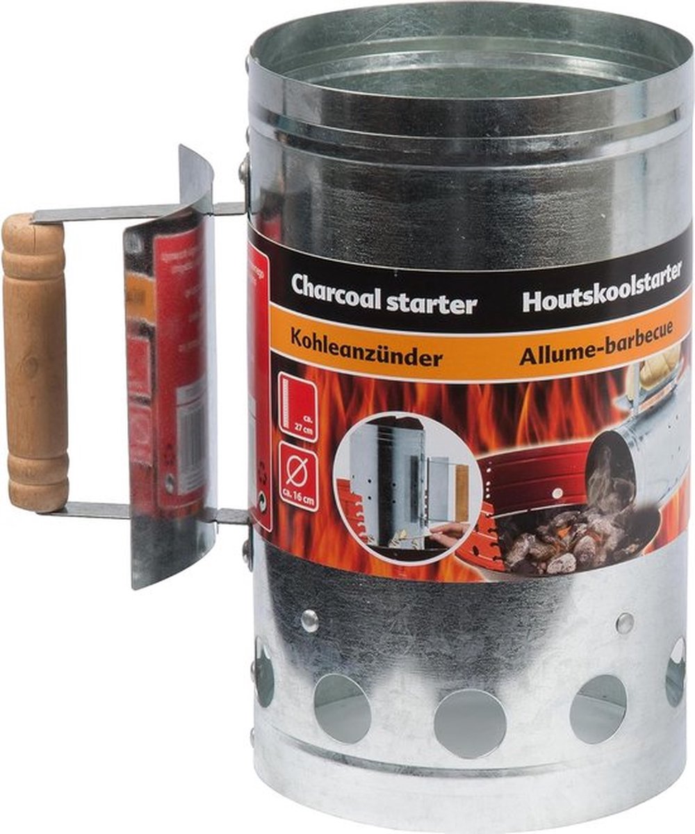 Compact Fire Lighter For BBQ - Coal Starter - Charcoal Lighter - 16 x 27 x 25.5 cm - Galvanized Sheet Steel - Bamboo Handle