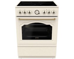 Gorenje Classico GECS 6 B70CLI Elektrisch fornuis met glaskeramische kookplaat, retro design, 60 cm, 71 liter, Gentle Close, snelopwarming, AirFry/ExtraSteam/Pizzamodus/AquaClean/champagne, ivoor