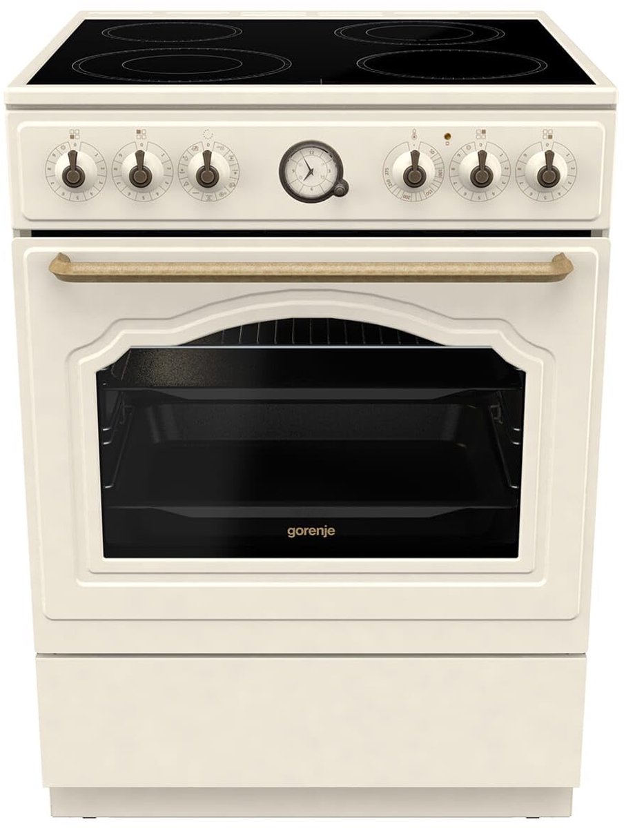 Gorenje Classico GECS 6 B70CLI Elektrisch fornuis met glaskeramische kookplaat, retro design, 60 cm, 71 liter, Gentle Close, snelopwarming, AirFry/ExtraSteam/Pizzamodus/AquaClean/champagne, ivoor