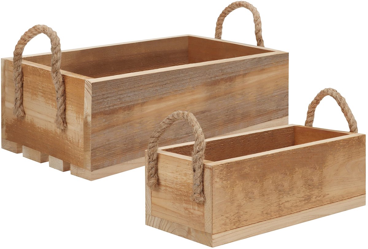 Unyqoos ® Set van 2 Elegante Houten Opbergkisten met Jute Handgrepen voor Diverse Ruimtes in Huis