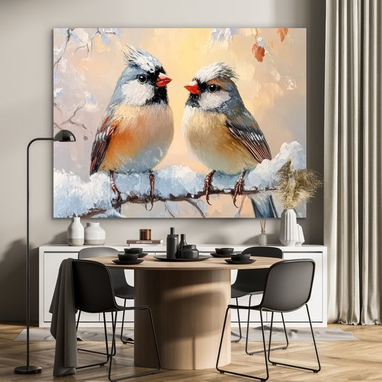Aluminium schilderij 160x120 cm - Wanddecoratie metaal - Vogels - Tak - Winter - Sneeuw - Metalen muurdecoratie woonkamer - Decoratie industrieel - Foto op dibond - Industriële accessoires slaapkamer