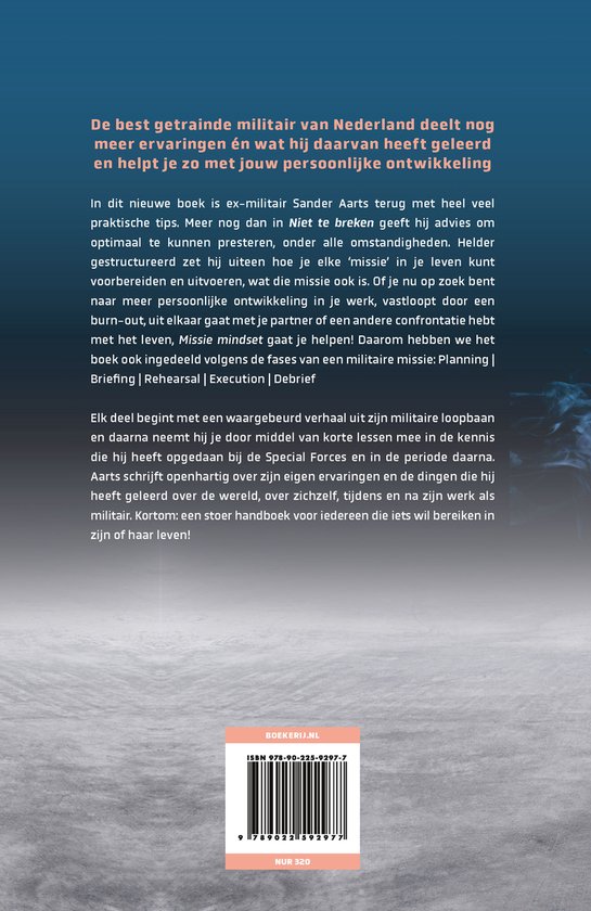 Achterkant boek 'Missie Mindset' van Sander Aarts met tekst en barcode.