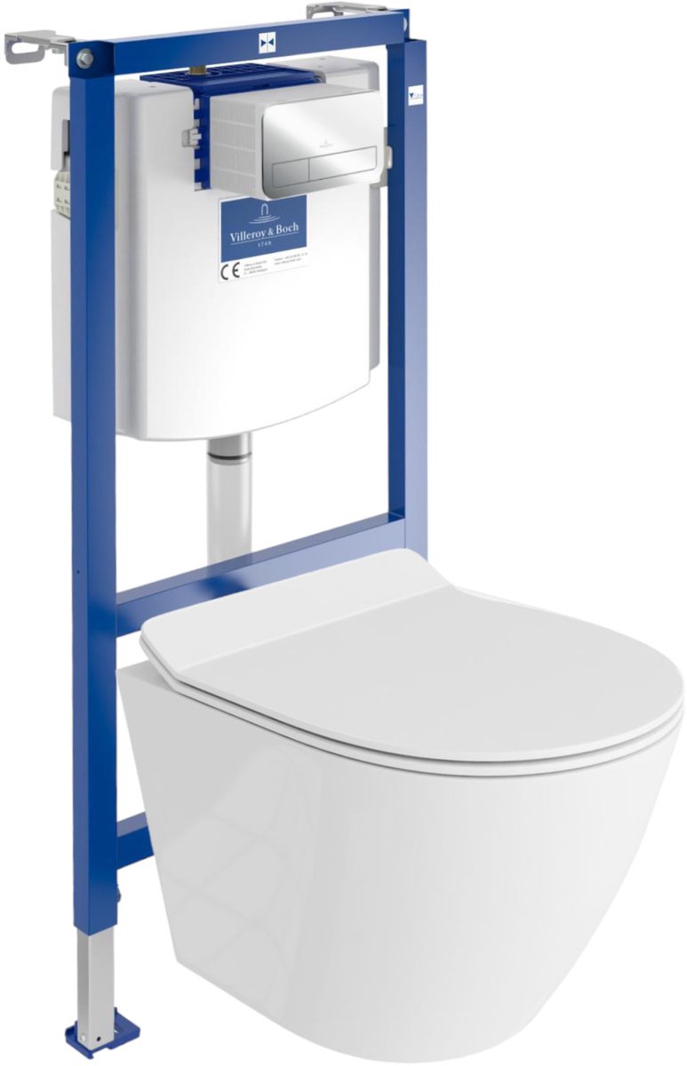 VILLEROY&BOCH H112 SOGO SLIM - Inbouwreservoir - Chromen drukplaat - Rimless wandcloset - Toilet Set - Inbouw WC