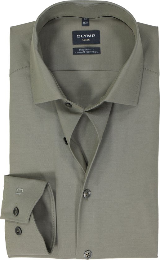 Foto: Olymp 24 7 modern fit overhemd twill grijsgroen strijkvriendelijk boordmaat 42