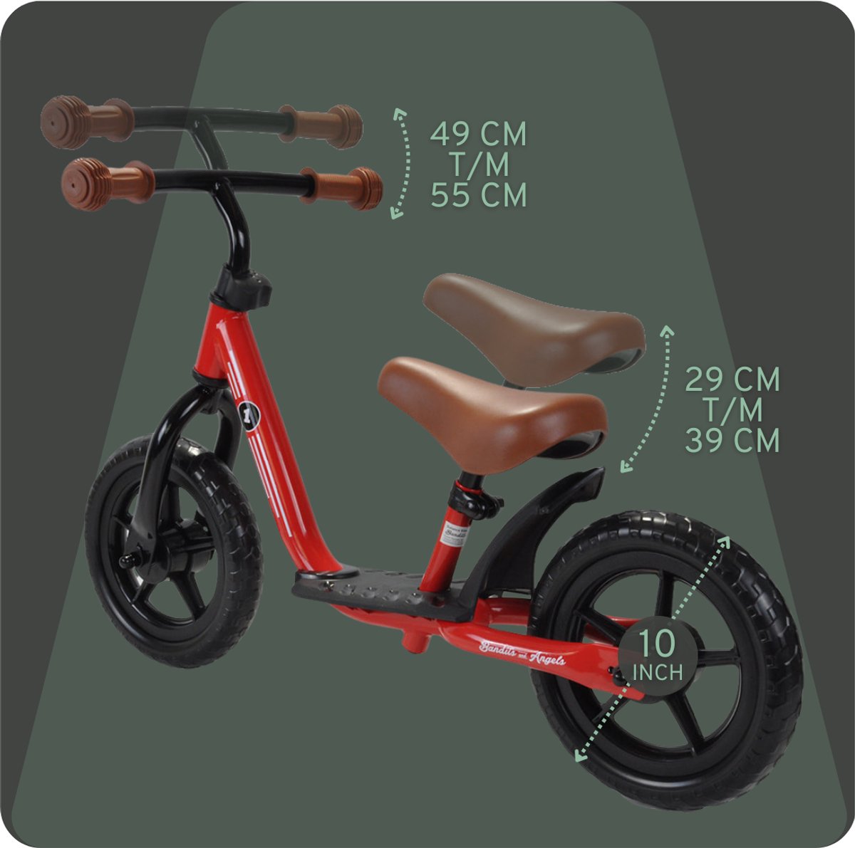 Bandits & Angels Metalen Loopfiets Met Mandje Starter Rood met Voetenplank vanaf 2 Jaar - Limited Edition - Rode Loop Fiets - Verstelbaar Zadel 29 tot 39 cm - Voor Jongens en Meisjes - Compact en Veilig - Lage Instap met Voetenplank — afbeelding 10