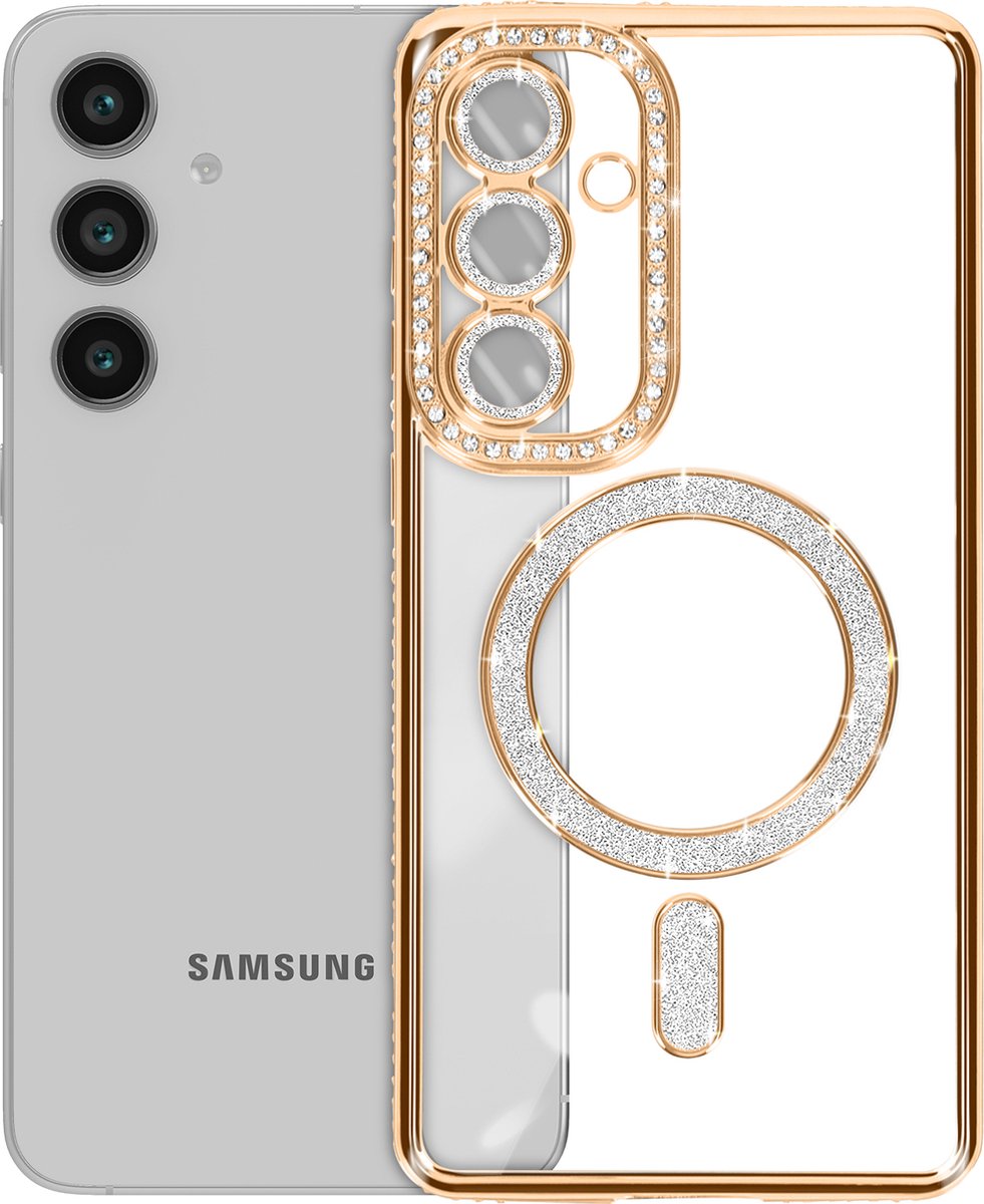 Avizar Diamond hoesje Geschikt voor Samsung Galaxy S24 FE MagSafe Omtrek Strass, Goud