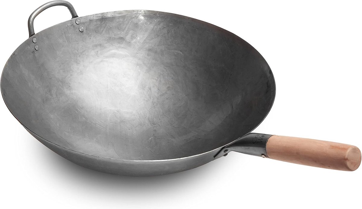 Goodivery ® Wok Grote, zware handgemaakte koolstofstalen Pow Wok met houten en stalen handgreep 40 cm (ronde basis)